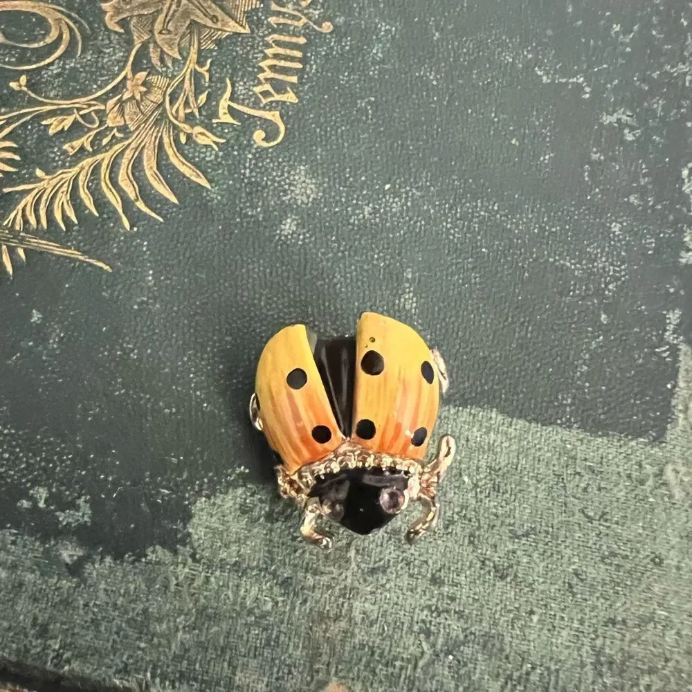 Elegant vintage Ladybug Brooch in Orange and Black w crystal embellishment.